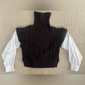 A Love Tree Black Cable Knit Turtleneck Sweater Vest with DressShirt  Sleeves